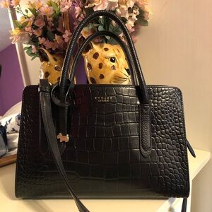 Radley London Liverpool Croc Embossed Black leather satchel.